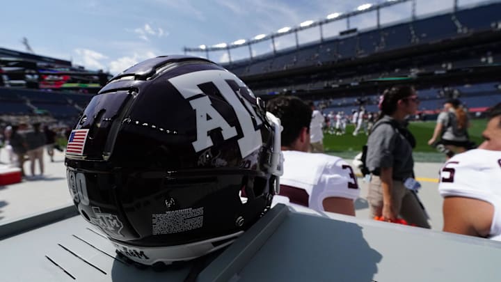 General helmet view of the Texas A&M Aggies before the game against the Colorado Buffaloes at Empower Field at Mile High. 