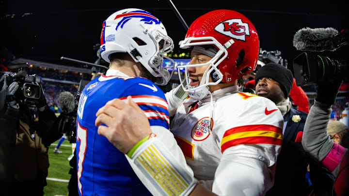 Jan 21, 2024; Orchard Park, New York, USA; Kansas City Chiefs quarterback Patrick Mahomes (15) greets Buffalo Bills quarterback Josh Allen (17) following the 2024 AFC divisional round game at Highmark Stadium. Mandatory Credit: Mark J. Rebilas-Imagn Images
