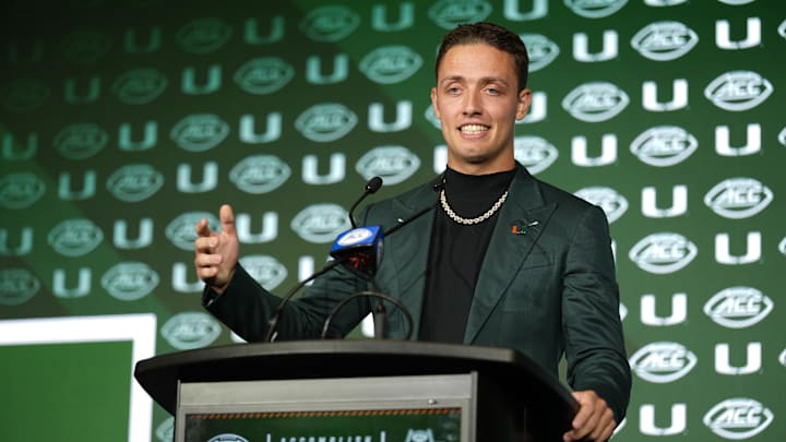 Jul 22, 2025; Charlotte, NC, USA; Miami quarterback Carson Beck answers questions from the media during ACC Media Days at Hilton Charlotte Uptown. Mandatory Credit: Jim Dedmon-Imagn Images Jul 22, 2025; Charlotte, NC, USA; Miami quarterback Carson Beck answers questions from the media during ACC Media Days at Hilton Charlotte Uptown. Mandatory Credit: Jim Dedmon-Imagn Images