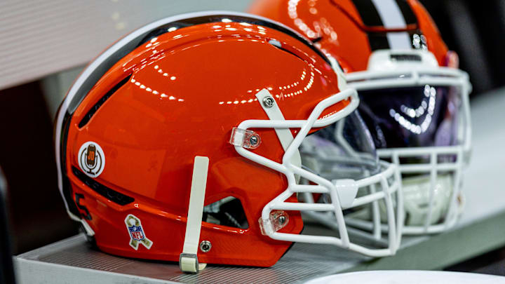 Nov 17, 2024; New Orleans, Louisiana, USA;  Detailed view of the Cleveland Browns helmets on a time out against the New Orleans Saints during the first half at Caesars Superdome. Mandatory Credit: Stephen Lew-Imagn Images