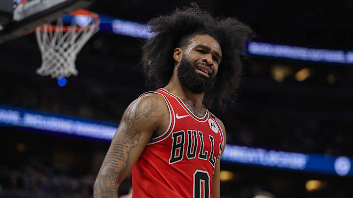 Mar 6, 2025; Orlando, Florida, USA; Chicago Bulls guard Coby White (0) reacts after a play against the Orlando Magic in the third quarter at Kia Center. Mandatory Credit: Nathan Ray Seebeck-Imagn Images