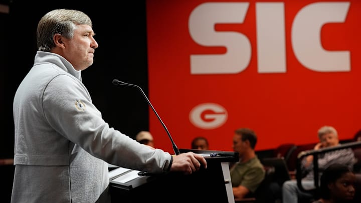 Georgia coach Kirby Smart speaks to the media on the first day of spring practice in Athens, Ga., on Tuesday, March 11, 2025.