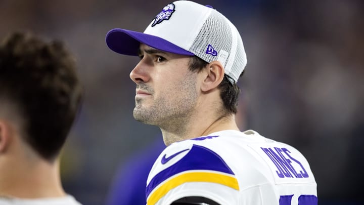 Jan 13, 2025; Glendale, AZ, USA; Minnesota Vikings quarterback Daniel Jones (13) against the Los Angeles Rams during an NFC wild card game at State Farm Stadium. Mandatory Credit: Mark J. Rebilas-Imagn Images