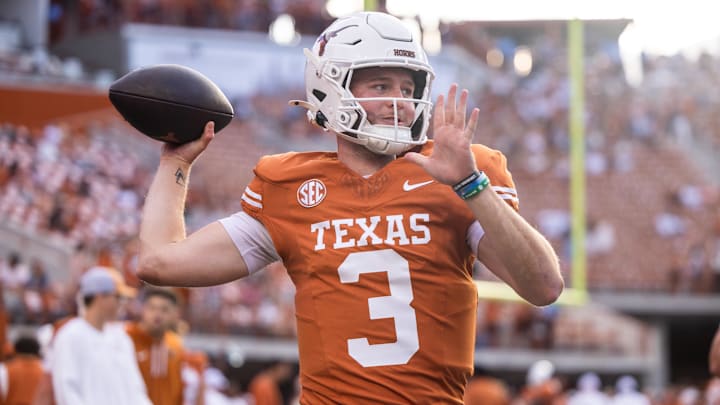 Oct 19, 2024; Austin, Texas, USA; Texas Longhorns quarterback Quinn Ewers (3) warming up against the Georgia Bulldogs at Darrell K Royal-Texas Memorial Stadium. Mandatory Credit: Brett Patzke-Imagn Images