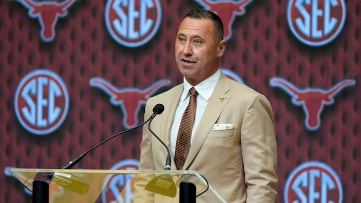July 15, 2025; Atlanta, GA, USA; Texas head coach Steve Sarkisian speaks during SEC Media Days at the College Football Hall of Fame in Atlanta. July 15, 2025; Atlanta, GA, USA; Texas head coach Steve Sarkisian speaks during SEC Media Days at the College Football Hall of Fame in Atlanta.