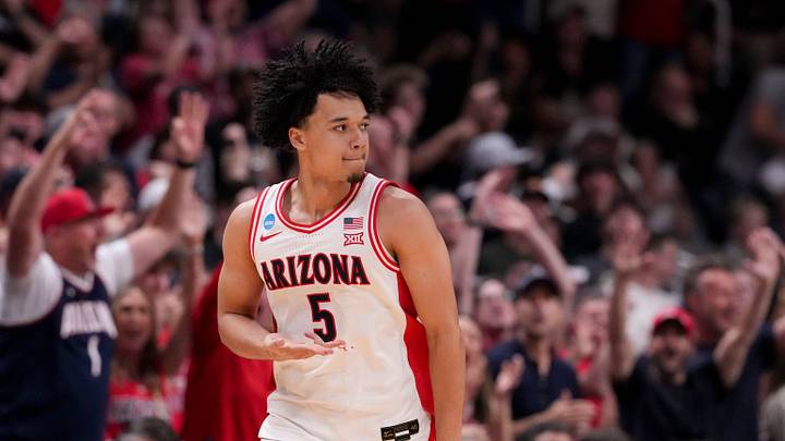 Arizona Wildcats guard Brayden Burries (5) reacts after scoring a three-point field goal against the Purdue Boilermakers during a NCAA Tournament game Saturday, March 28, 2026 at SAP Center in San Jose, Calif. Purdue fell to Arizona 79-64. Arizona Wildcats guard Brayden Burries (5) reacts after scoring a three-point field goal against the Purdue Boilermakers during a NCAA Tournament game Saturday, March 28, 2026 at SAP Center in San Jose, Calif. Purdue fell to Arizona 79-64.
