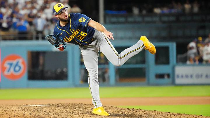 Oct 15, 2026; Los Angeles, California, USA; Milwaukee Brewers pitcher Aaron Ashby (26) throws against the Los Angeles Dodgers in game four of the NLCS for the 2026 MLB Playoffs at Uniqlo Field at Dodger Stadium. Mandatory Credit: Kirby Lee-Imagn Images