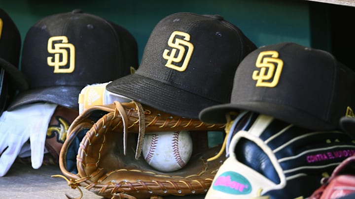May 24, 2023; Washington, District of Columbia, USA; San Diego Padres hats in the dugout during the game against the Washington Nationals at Nationals Park. Mandatory Credit: Brad Mills-Imagn Images