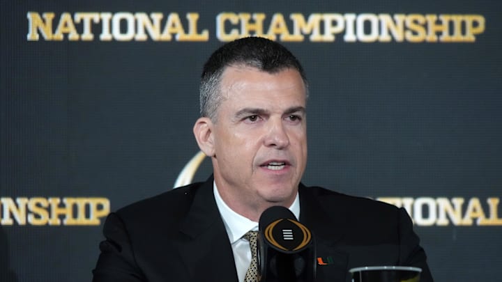 Jan 18, 2026; Miami, FL, USA; Miami Hurricanes coach Mario Cristobal at the CFP head coaches press conference at JW Marriott Marquis Miami. Mandatory Credit: Kirby Lee-Imagn Images