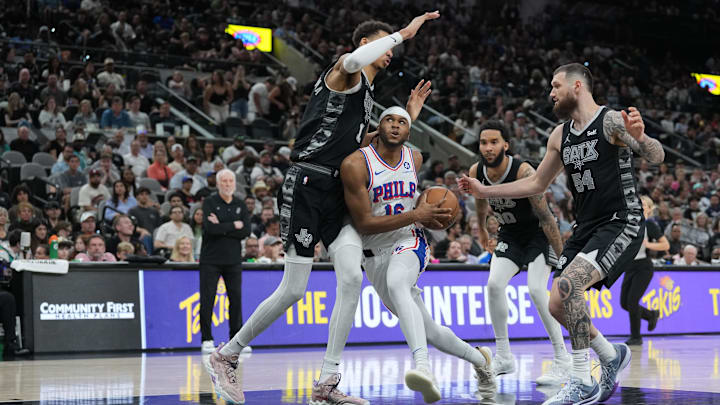 Apr 7, 2024; San Antonio, Texas, USA; Philadelphia 76ers guard Ricky Council IV (16) drives in Apr 7, 2024; San Antonio, Texas, USA; Philadelphia 76ers guard Ricky Council IV (16) drives in