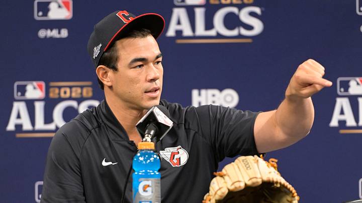 Oct 12, 2026: Cleveland Guardians pitcher Joey Cantillo (54) speaks to the media before game one of the ALCS against the Tampa Bay Rays in the 2026 MLB Playoffs at Tropicana Field. Credit: Pablo Robles-Imagn Images