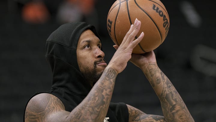 Nov 26, 2023; Milwaukee, Wisconsin, USA; Milwaukee Bucks guard Damian Lillard (0) shoots during warmups prior to the game against the Portland Trail Blazers at Fiserv Forum. Mandatory Credit: Jeff Hanisch-Imagn Images Nov 26, 2023; Milwaukee, Wisconsin, USA; Milwaukee Bucks guard Damian Lillard (0) shoots during warmups prior to the game against the Portland Trail Blazers at Fiserv Forum. Mandatory Credit: Jeff Hanisch-Imagn Images