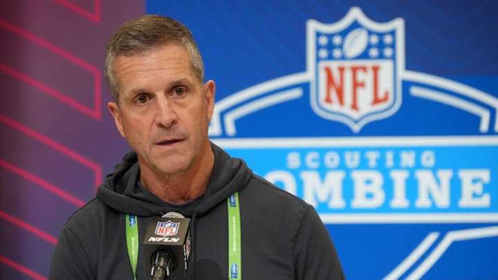 Baltimore Ravens coach John Harbaugh speaks during the NFL combine on Feb 25, 2025.