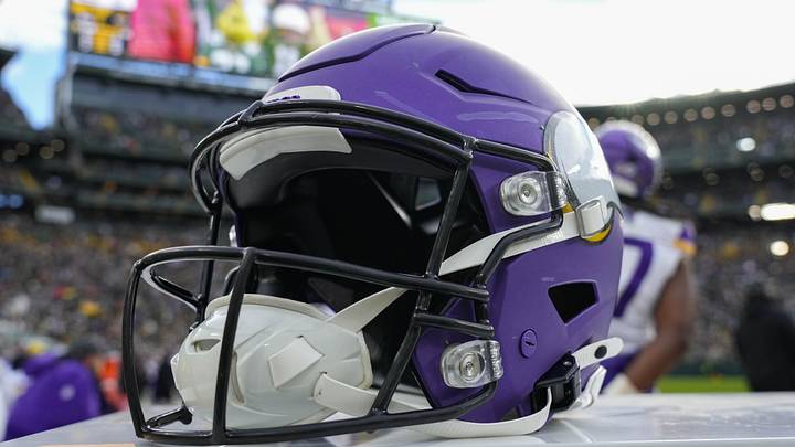 Nov 23, 2025; Green Bay, Wisconsin, USA; General view of an Minnesota Vikings helmet during the game against the Green Bay Packers at Lambeau Field. Nov 23, 2025; Green Bay, Wisconsin, USA; General view of an Minnesota Vikings helmet during the game against the Green Bay Packers at Lambeau Field.