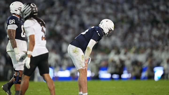 Sep 27, 2025; University Park, Pennsylvania, USA; Penn State Nittany Lions quarterback Drew Allar (15) reacts during the fourth quarter against the Oregon Ducks at Beaver Stadium. Mandatory Credit: James Lang-Imagn Images
