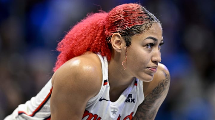 Jun 28, 2025; Arlington, Texas, USA; Washington Mystics forward Shakira Austin (0) during the game between the Dallas Wings and the Washington Mystics at College Park Center. Mandatory Credit: Jerome Miron-Imagn Images Jun 28, 2025; Arlington, Texas, USA; Washington Mystics forward Shakira Austin (0) during the game between the Dallas Wings and the Washington Mystics at College Park Center. Mandatory Credit: Jerome Miron-Imagn Images