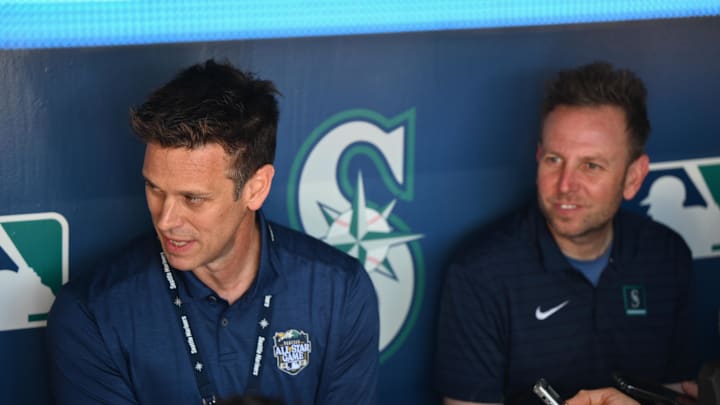 Aug 1, 2023; Seattle, Washington, USA; Seattle Mariners president of baseball operations Jerry Dipoto and general manager Justin Hollander talk to the media prior to the game against the Boston Red Sox at T-Mobile Park. Mandatory Credit: Steven Bisig-Imagn Images