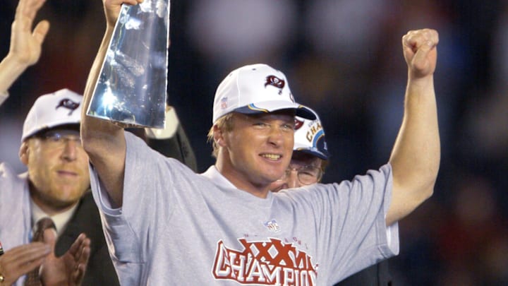 Tampa Bay Buccaneers head coach Jon Gruden holds up the Vince Lombardi Trophy after winning Super Bowl XXXVIII against the Oakland Raiders at Qualcomm Stadium in San Diego, CA on Jan. 26, 2003.

Xxx Axx Letfeat 29 S Fbn Ca