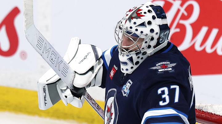 Mar 24, 2026; Winnipeg, Manitoba, CAN; Winnipeg Jets goaltender Connor Hellebuyck (37) celebrates their victory against the Vegas Golden Knights at Canada Life Centre. Mandatory Credit: James Carey Lauder-Imagn Images Mar 24, 2026; Winnipeg, Manitoba, CAN; Winnipeg Jets goaltender Connor Hellebuyck (37) celebrates their victory against the Vegas Golden Knights at Canada Life Centre. Mandatory Credit: James Carey Lauder-Imagn Images