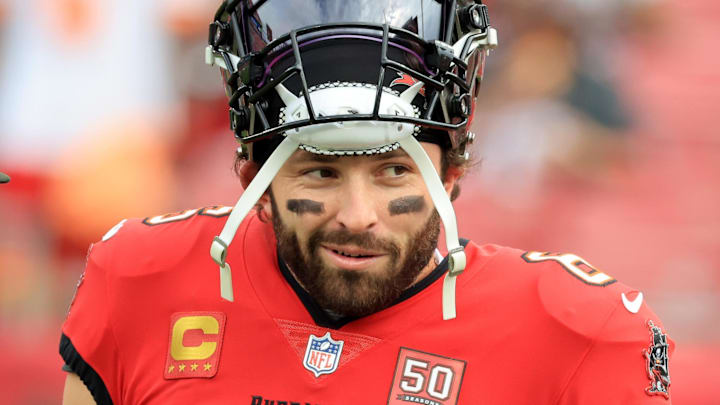 Dec 7, 2025; Tampa, Florida, USA; Tampa Bay Buccaneers quarterback Baker Mayfield (6) prior to the game against the New Orleans Saints at Raymond James Stadium. Mandatory Credit: Kim Klement Neitzel-Imagn Images