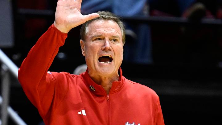 Mar 20, 2026; San Diego, CA, USA; Kansas Jayhawks head coach Bill Self reacts in the second half against the California Baptist Lancers during a first round game of the men's 2026 NCAA Tournament at Viejas Arena. Mandatory Credit: Denis Poroy-Imagn Images