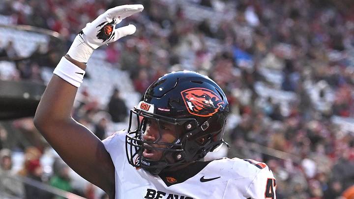 Nov 29, 2025; Pullman, Washington, USA; Oregon State Beavers linebacker Tyree Blake (47) celebrates after a play against the Washington State Cougars in the first half at Gesa Field at Martin Stadium. Mandatory Credit: James Snook-Imagn Images