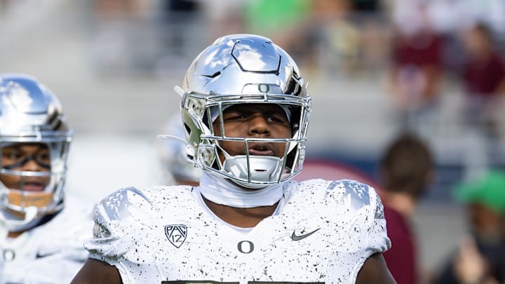 Nov 18, 2023; Tempe, Arizona, USA; Oregon Ducks offensive lineman Josh Conerly Jr. (76) against the Arizona State Sun Devils at Mountain America Stadium. Mandatory Credit: Mark J. Rebilas-Imagn Images