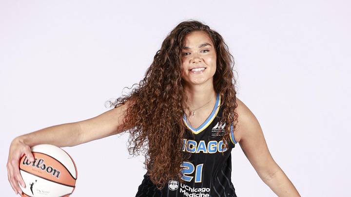 Apr 30, 2026; Chicago, Ill, USA; Chicago Sky forward Maddy Westbeld (21) poses during media day at The Field Studios. Mandatory Credit: Kamil Krzaczynski-Imagn Images