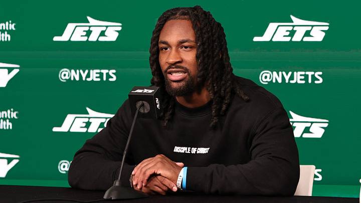 Apr 24, 2026; Florham Park, NJ, USA; New York Jets Draft pick, wide receiver Omar Cooper Jr. at Atlantic Health Jets Training Center. Mandatory Credit: Jess Stiles-Imagn Images
