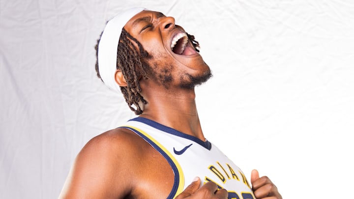 Sep 30, 2024; Indianapolis, IN, USA;  Indiana Pacers center Myles Turner (33) poses for a photo during 2024 Media day.  Mandatory Credit: Trevor Ruszkowski-Imagn Images