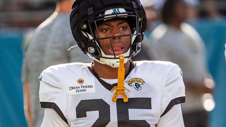 Jacksonville Jaguars safety Rayuan Lane III (25) walks between warmups before an NFL scrimmage at EverBank Stadium Friday August 1, 2025, in Jacksonville, Fla. [Doug Engle/Florida Times-Union]