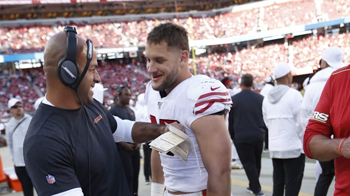 San Francisco 49ers defensive coordinator Robert Saleh (L) and defensive end Nick Bosa (R) San Francisco 49ers defensive coordinator Robert Saleh (L) and defensive end Nick Bosa (R)