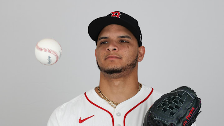 Feb 18, 2025; Lee County, FL, USA; Boston Red Sox pitcher Luis Perales (93) participates in media day at JetBlue Park at Fenway South. Mandatory Credit: Nathan Ray Seebeck-Imagn Images
