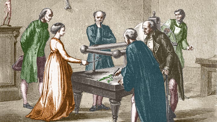 Luigi Galvani, a possible model for Dr. Frankenstein, conducts his famous experiments on frogs.