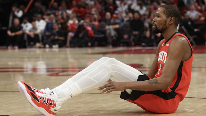 Feb 11, 2026; Houston, Texas, USA; Houston Rockets forward Kevin Durant (7) reacts to his basket against the Los Angeles Clippers in the second half at Toyota Center. Mandatory Credit: Thomas Shea-Imagn Images