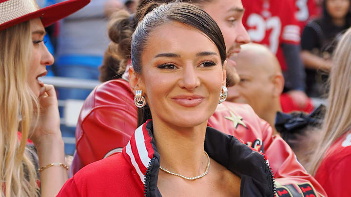 Jan 28, 2024; Santa Clara, California, USA; Kristin Juszczyk wears a custom made jacket in show of her support for her husband San Francisco 49ers fullback Kyle Juszczyk (not pictured) before the NFC Championship football game against the Detroit Lions at Levi's Stadium.