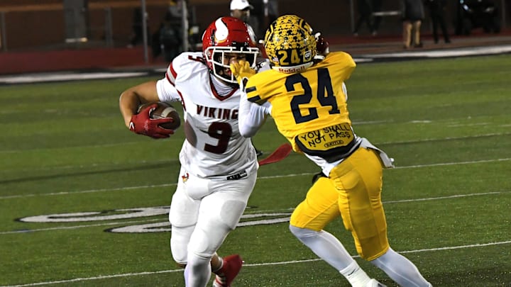 Moeller's Chris Bradley (24) grabs the face mask of Princeton's Landen Miree (9) in the OHSAA Division I football regional semifinals Nov. 15, 2024, at Dwire Field Mason, Ohio.