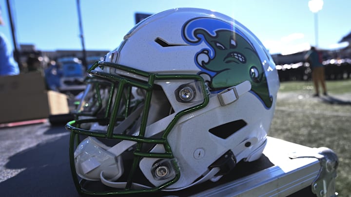 Nov 16, 2024; Annapolis, Maryland, USA; S detailed view of Tulane Green Wave helmet during the second half against the Navy Midshipmen at Navy-Marine Corps Memorial Stadium. Nov 16, 2024; Annapolis, Maryland, USA; S detailed view of Tulane Green Wave helmet during the second half against the Navy Midshipmen at Navy-Marine Corps Memorial Stadium.