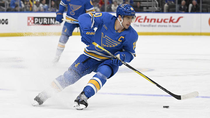 Jan 16, 2026; St. Louis, Missouri, USA; St. Louis Blues center Brayden Schenn (10) skates against the Tampa Bay Lightning during the second period at Enterprise Center. Mandatory Credit: Jeff Le-Imagn Images