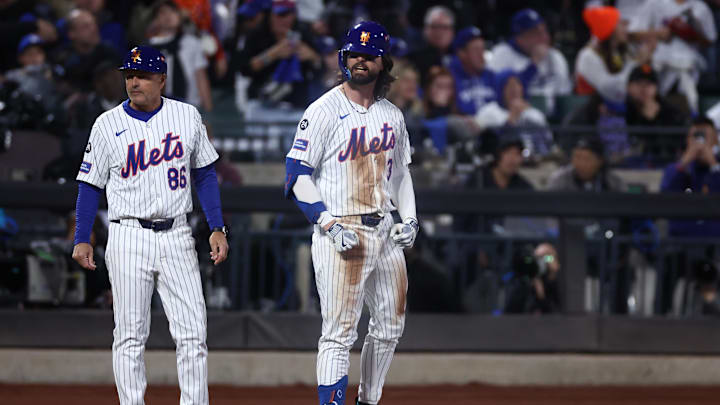 Oct 18, 2024; New York City, New York, USA; New York Mets designated hitter Jesse Winker (3) reacts after hitting an RBI triple during the fourth inning against the Los Angeles Dodgers during game five of the NLCS for the 2024 MLB playoffs at Citi Field. Mandatory Credit: Vincent Carchietta-Imagn Images Oct 18, 2024; New York City, New York, USA; New York Mets designated hitter Jesse Winker (3) reacts after hitting an RBI triple during the fourth inning against the Los Angeles Dodgers during game five of the NLCS for the 2024 MLB playoffs at Citi Field. Mandatory Credit: Vincent Carchietta-Imagn Images