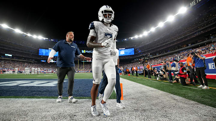 Sep 26, 2024; East Rutherford, New Jersey, USA; Dallas Cowboys cornerback Trevon Diggs (7) leaves the field after an injury during the fourth quarter against the New York Giants at MetLife Stadium. Mandatory Credit: Brad Penner-Imagn Images