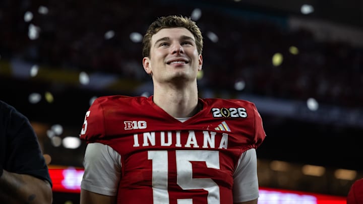 Jan 19, 2026; Miami Gardens, FL, USA; Indiana Hoosiers quarterback Fernando Mendoza (15) celebrates after defeating the Miami Hurricanes in the College Football Playoff National Championship game at Hard Rock Stadium. Mandatory Credit: Mark J. Rebilas-Imagn Images Jan 19, 2026; Miami Gardens, FL, USA; Indiana Hoosiers quarterback Fernando Mendoza (15) celebrates after defeating the Miami Hurricanes in the College Football Playoff National Championship game at Hard Rock Stadium. Mandatory Credit: Mark J. Rebilas-Imagn Images