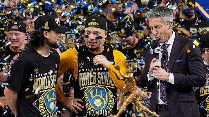 Milwaukee Brewers catcher William Contreras (24) reacts as he receivers the Willie Mays World Series Most Valuable Player award during the Awards Ceremony after defeating the Tampa Bay Rays in the 2026 World Series at Tropicana Field on October 28, 2026 n St. Petersburg, Fla. on Oct 28, 2026. Milwaukee Brewers catcher William Contreras (24) reacts as he receivers the Willie Mays World Series Most Valuable Player award during the Awards Ceremony after defeating the Tampa Bay Rays in the 2026 World Series at Tropicana Field on October 28, 2026 n St. Petersburg, Fla. on Oct 28, 2026.