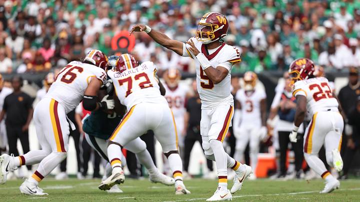 Sep 13, 2026; Philadelphia, Pennsylvania, USA; Washington Commanders QB Jayden Daniels (5) throws a pass against the Philadelphia Eagles during the 1st half at Lincoln Financial Field. Mandatory Credit: Bill Streicher Sep 13, 2026; Philadelphia, Pennsylvania, USA; Washington Commanders QB Jayden Daniels (5) throws a pass against the Philadelphia Eagles during the 1st half at Lincoln Financial Field. Mandatory Credit: Bill Streicher