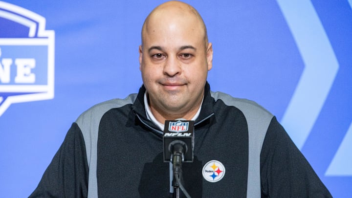 Feb 28, 2023; Indianapolis, IN, USA; Pittsburgh Steelers general manager Omar Khan speaks to the