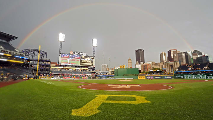 A rainbow forms over the ballpark after a weather-related delay during the second inning between the San Diego Padres and the Pittsburgh Pirates at PNC Park.