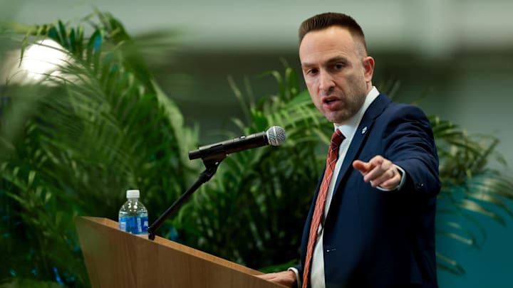 Miami Dolphins head coach Jeff Hafley speaks to reporters during his introductory press conference at Baptist Health Training Complex. 