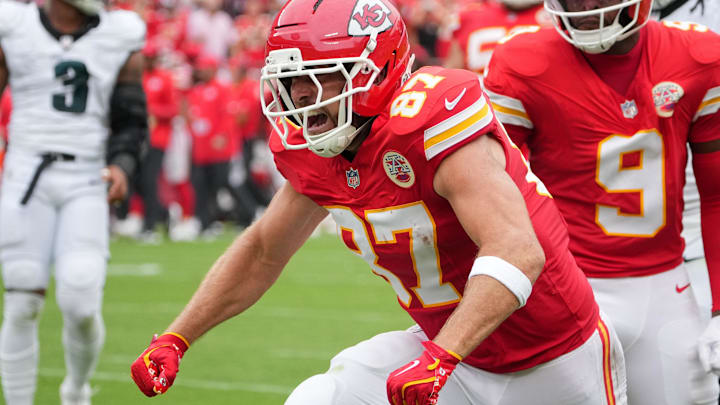 Sep 14, 2025; Kansas City, Missouri, USA; Kansas City Chiefs tight end Travis Kelce (87) celebrates after a play against the Philadelphia Eagles during the second quarter of the game at GEHA Field at Arrowhead Stadium. Mandatory Credit: Denny Medley-Imagn Images