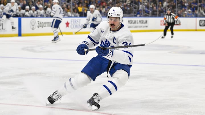 Nov 2, 2024; St. Louis, Missouri, USA;  Toronto Maple Leafs center Auston Matthews (34) skates against the St. Louis Blues during the first period at Enterprise Center. Mandatory Credit: Jeff Curry-Imagn Images