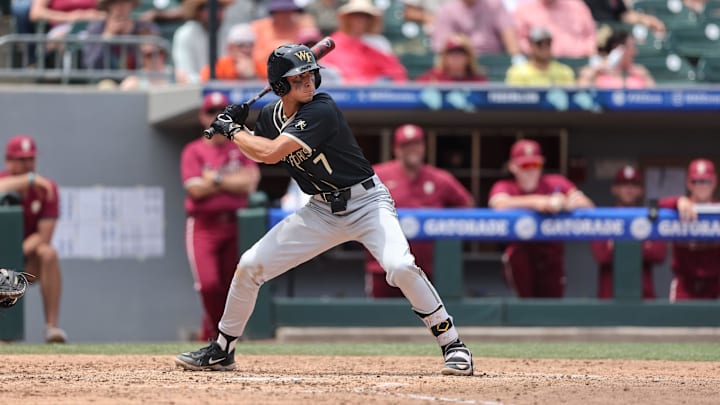 May 25, 2024; Charlotte, NC, USA; Wake Forest infielder Marek Houston (7) at bat in the fourth inning against Florida State during the ACC Baseball Tournament at Truist Field. Mandatory Credit: Cory Knowlton-Imagn Images
